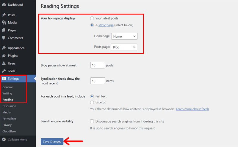 Define Home and Blog Page in Settings