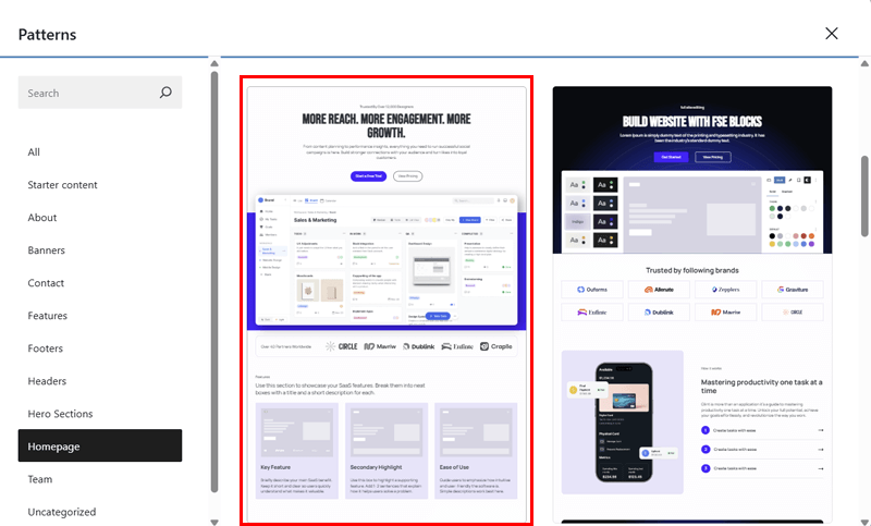 Homepage Template Selection