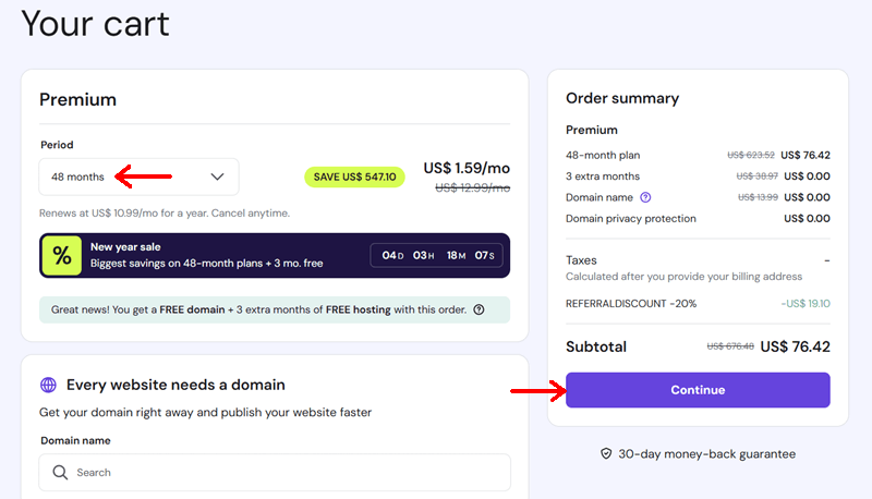 Hostinger Cart to Choose Plan