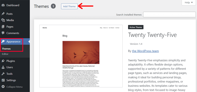 Adding New WordPress Theme From WordPress Dashboard