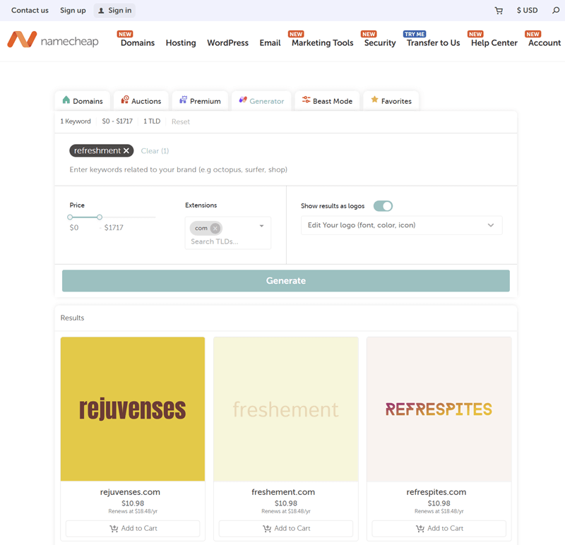 Namecheap Domain Name Generator