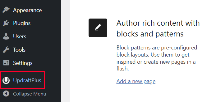 Open the UpdraftPlus Menu