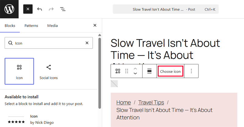 Adding the Icon Block to Choose From