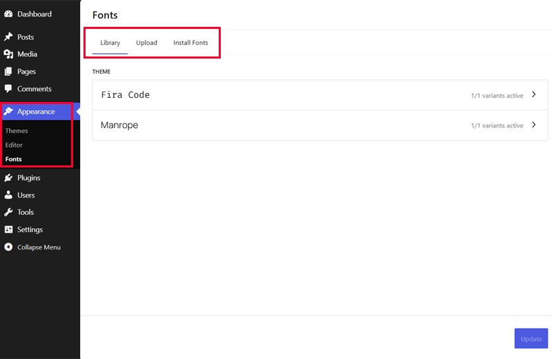 Appearance and then Fonts in WordPress 7.0