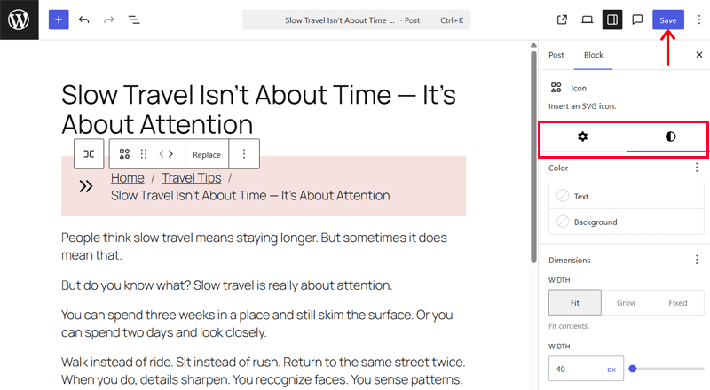Customize and Save the Icon Block