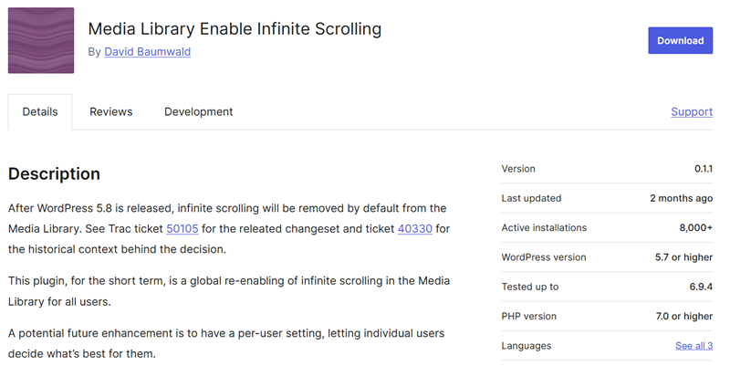 Media Library Enable Infinite Scrolling