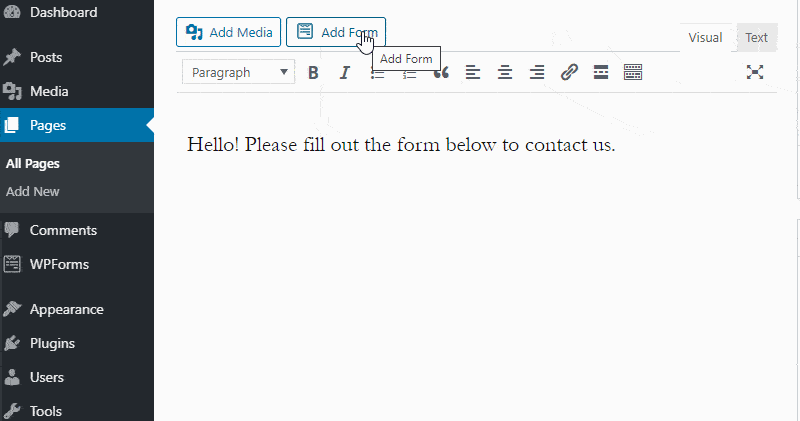Adding Form with Classic WordPress Editor