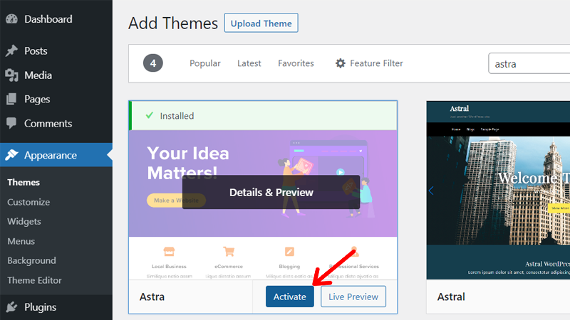 Activate Astra Theme - Create a Website