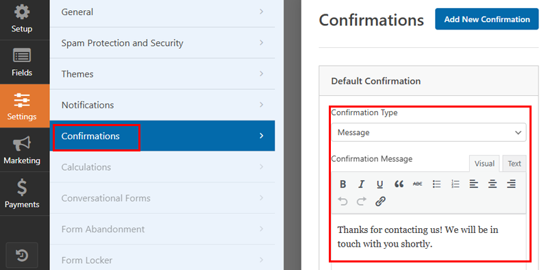 Confirmation Setting of WPForms