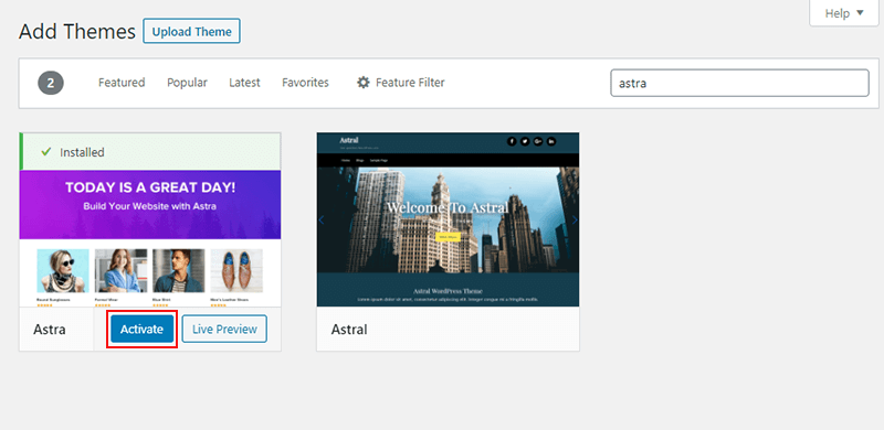 Activating Astra Theme from WordPress Dashboard