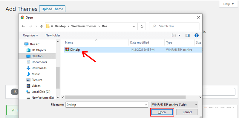 Choose WordPress Theme ZIP File to Install by Uploading from Local PC