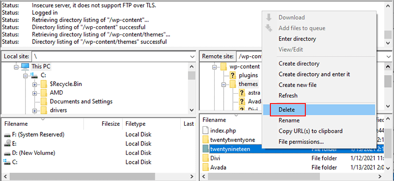 Deleting Theme from WordPress Server with FileZilla
