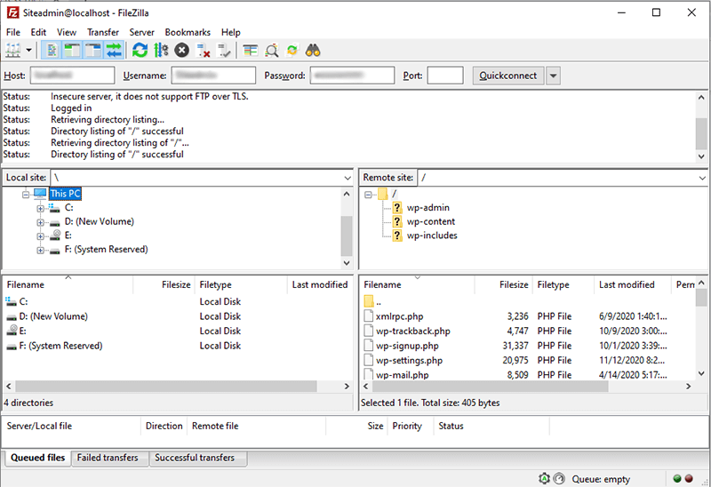 WordPress Server Connected with Local PC via FileZilla