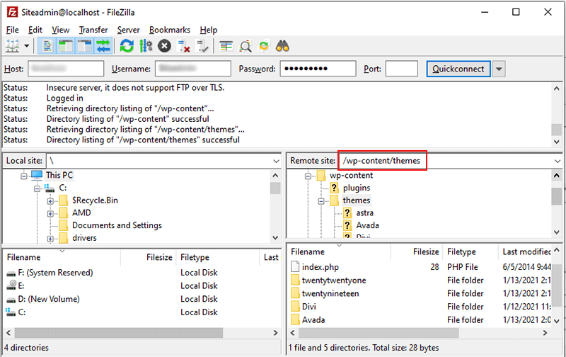 Go to your WordPress Server Theme Directory from FileZilla