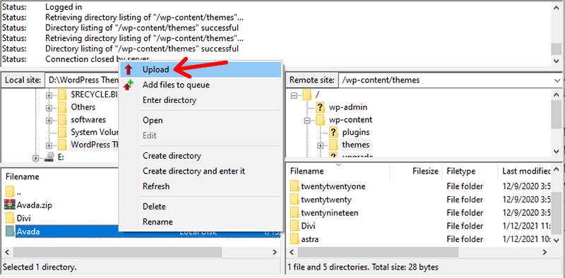 Upload Theme from Local Files to WordPress Server Files using FileZilla