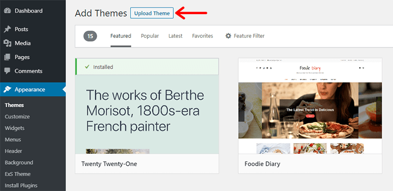 Click in Upload Theme on Add Themes page of WordPress Dashboard