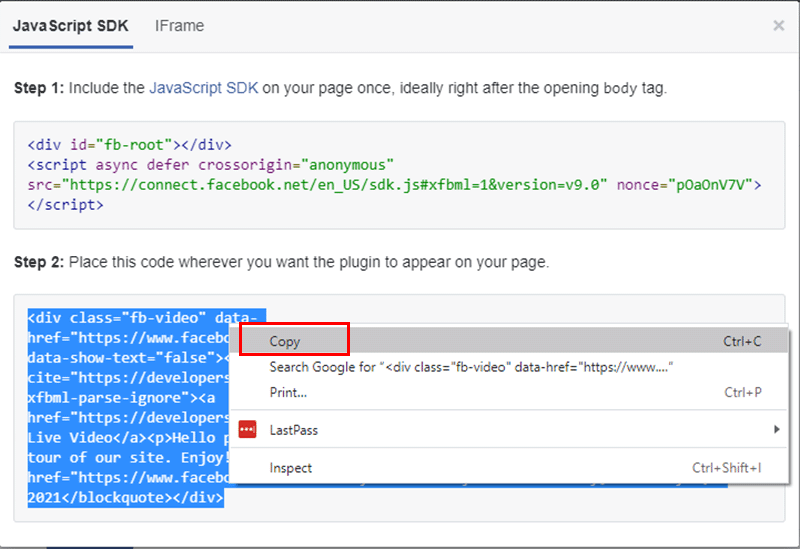 Copy Second Code from Facebook Embed Video Player Configurator