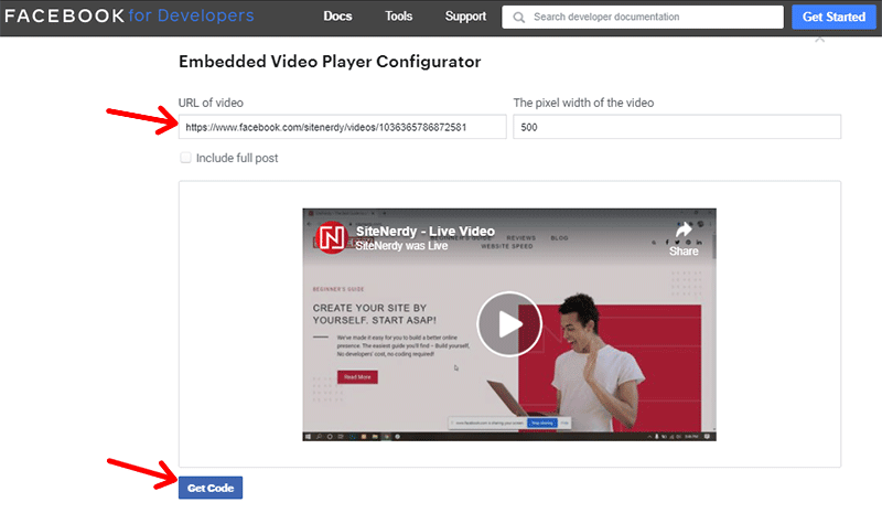 Facebook Video Player Configurator Get Embed Code using Video URL