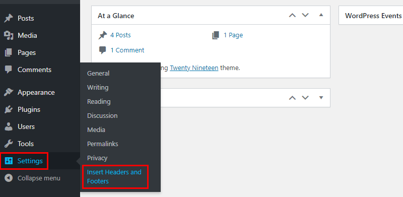 Insert Headers and Footers Setings on WordPress Dashboard