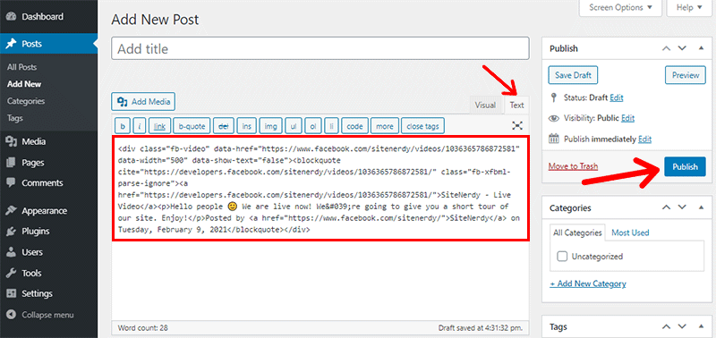Add Embed Code in Classic Editor