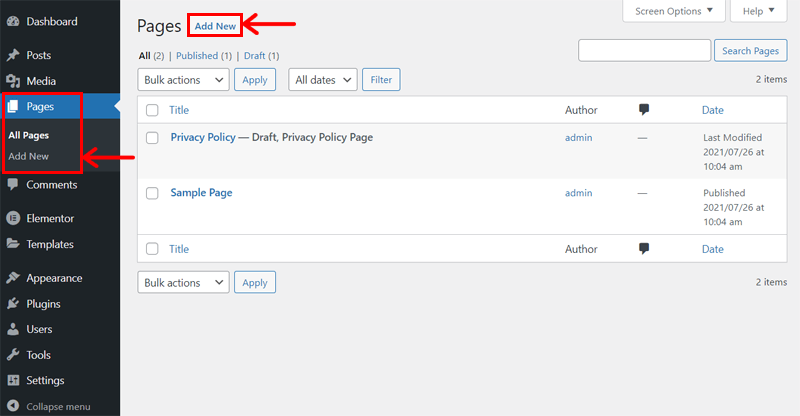 Add a New Page in Elementor