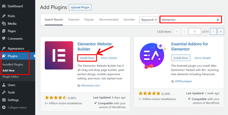 Search Elementor Website Builder Plugin