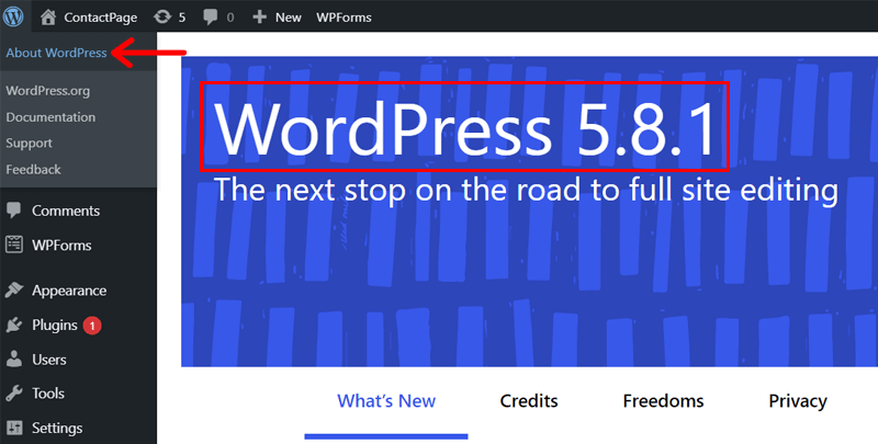 About WordPress menu allows to check WordPress version