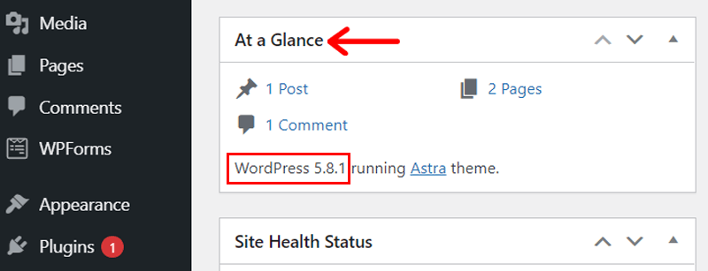 At a glance widget to check WordPress version