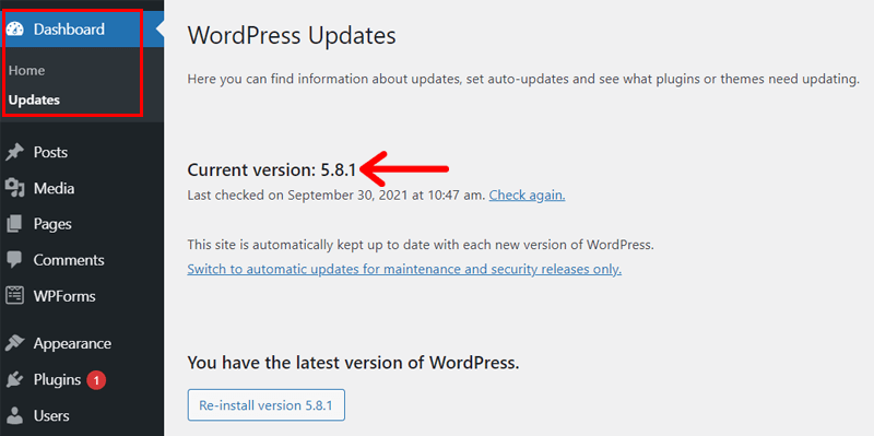 Updates menu showing WordPress version