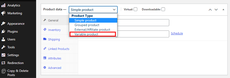 Change Product data to Variable product
