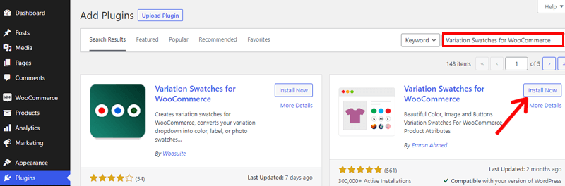 Search and Install Variation Swatches for WooCommerce