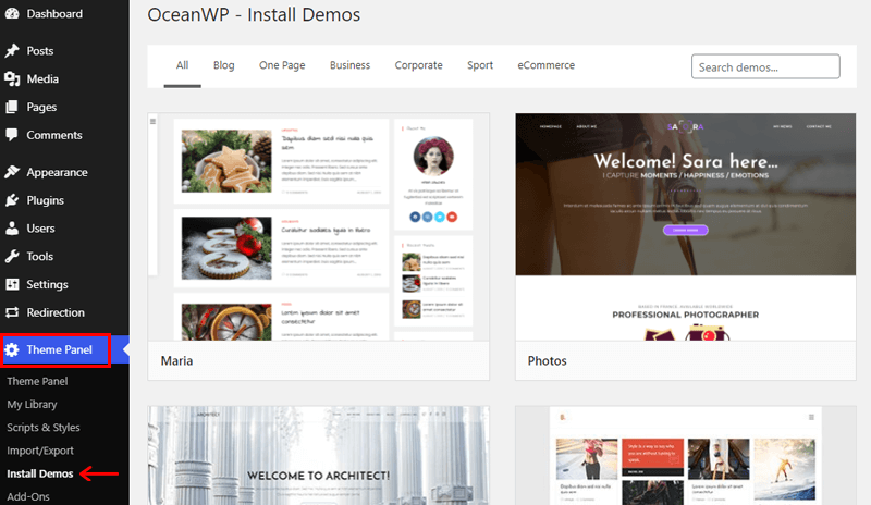 Theme Panel for Demo Import