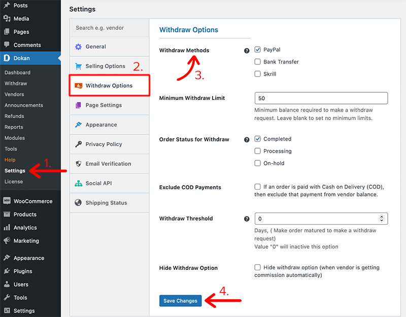 Dokan Withdraw Options