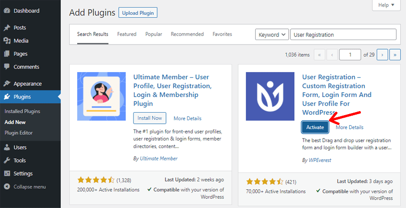 Activate User Registration Plugin in WordPress Dashboard