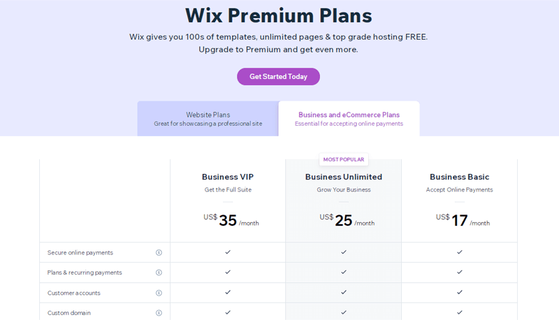 Wix eCommerce Pricing Plans- Wix vs Elementor