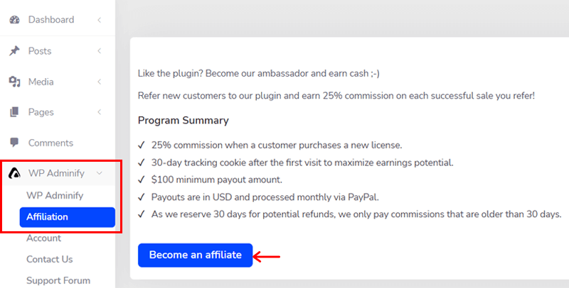 Affiliation Service with WP Adminify