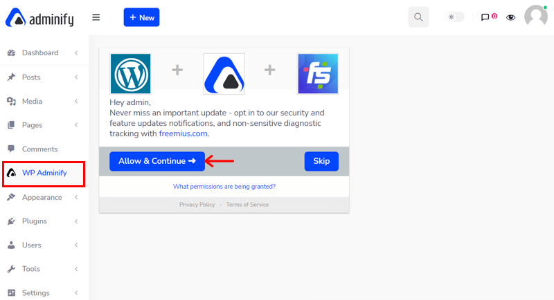 Activating Freemius Service on WP Adminiify