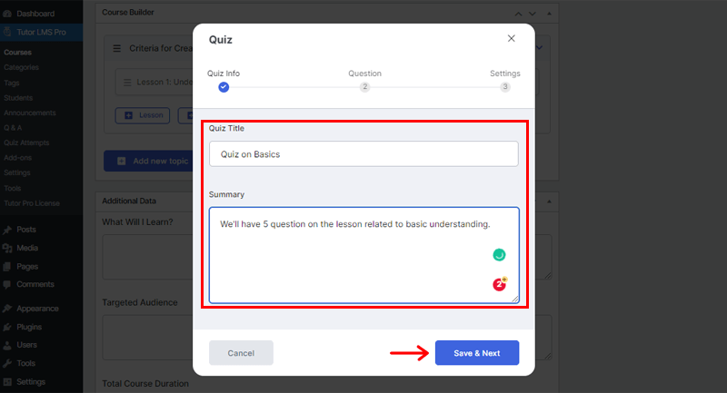 Add Quiz Info and Click on Save & Next