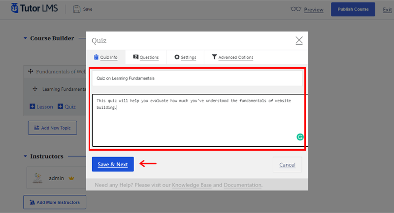 Add Quiz Info and Click on Save & Next