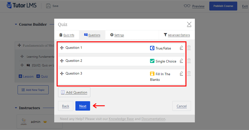 Add Quiz Questions and Click on Next Option 