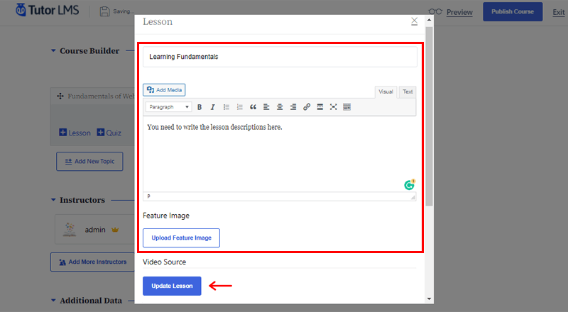 Configure Lesson Settings & Click on Update Lesson