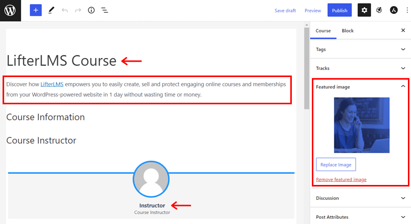 Adding Course Title, Featured Image, Instructor, and Course Description