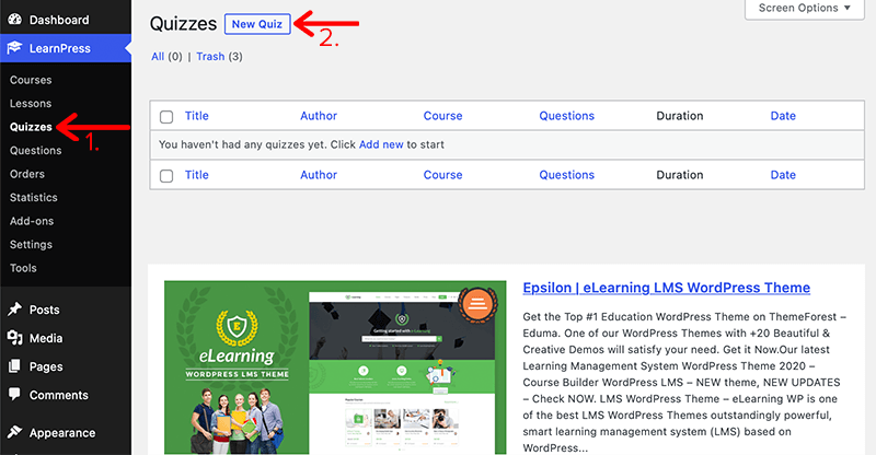 Create Quiz via Add New Quiz Button