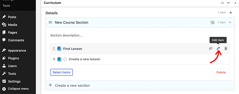 Edit LearnPress Course Lesson