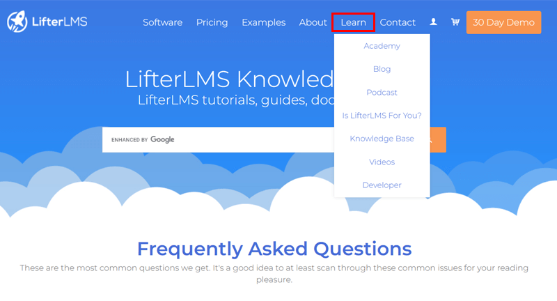 Learn Menu in Website for Knowledge Base