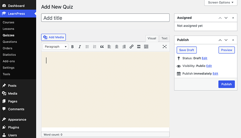 LearnPress Add New Quiz Page