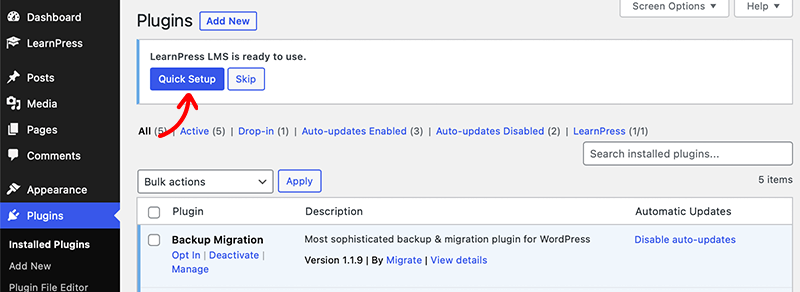 LearnPress Quick Setup Wizard Button