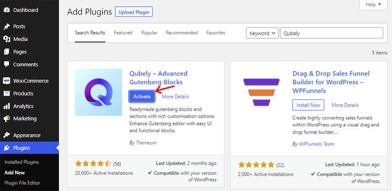 Activate Free Version of Qubely Plugin- WooCommerce Blocks Plugins