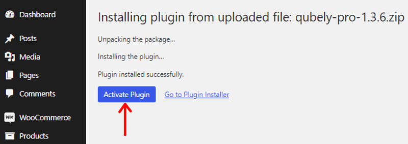 Activating the Qubely Pro- WooCommerce Blocks Plugins