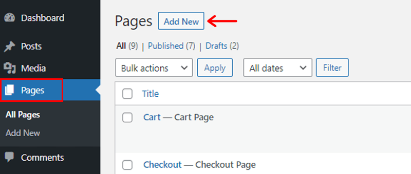 Go to Pages and Click on Add New Option